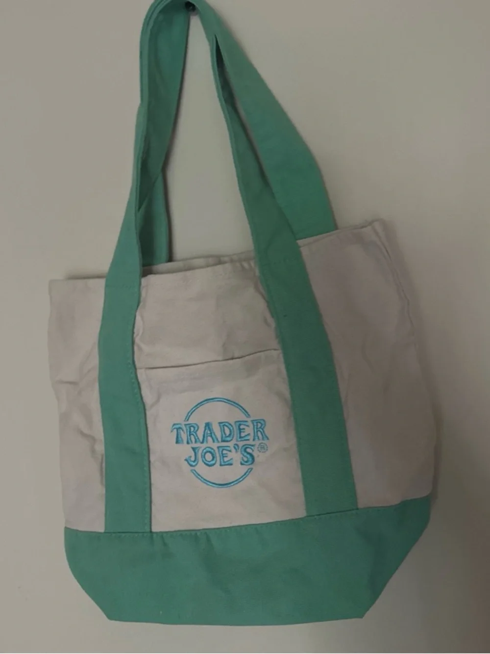 Cream and Teal Canvas Tote Bag